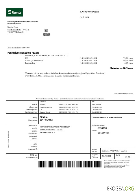 Modèle de facture commerciale de la compagnie d'assurance Finlande Fennia aux formats Word et PDF1